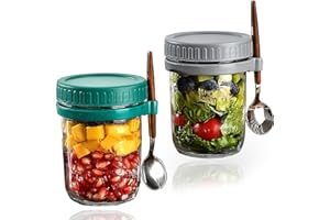 COEKI 2 Pack Overnight Oats Jars,10 oz Overnight Oats Container with Lids and Spoon, Glass Jars Cereal, Milk, Vegetable and Fruit Salad Storage Container with Measurement Marks