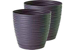 Home Garden Ornaments Plant Pots Indoor – Set of 2 Plastic Flower Pots with Saucer and Drainage Holes, Decorative 3D Wave Design (Plum, 17cm / 6.7 inch)