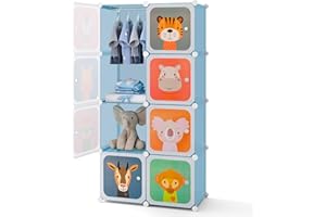 GYMAX Cartoon Clothes Closet, Portable Kids Wardrobe with Hanging Section, Children Storage Unit for Bedroom Nursery (Blue, 8 Cubes Animal: 75 x 37 x 145cm)