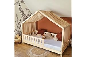 Lelouca Ciel de lit cabane,100x350 cm, Coton Biologique Beige, décoration pour Chambre bébé ou Enfant. Inclus : 1 Toile lit cabane; 1 Feuille de décoration et Les Attaches Pratiques.