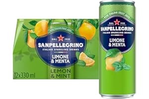 San Pellegrino Italian Sparkling Drinks Tastefully Light Sparkling Lemon & Mint Canned Soft Drink 12 x 330ml, 74 kCals per Can
