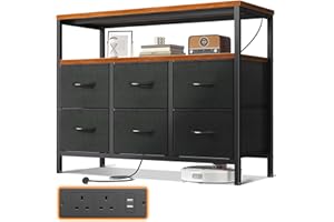 ODK Chest of Drawers Bedroom with 6 Drawers, Fabric Storage Drawers with 2 USB and 2 Sockets, Dresser Suitable for Bedrooms, Living Rooms, Sturdy Storage Dresser with Shelves, Retro Color