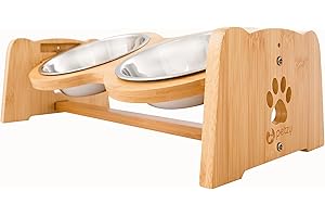 Muawo Premium höhenverstellbarer Hundenapf oder Katzennapf I Idealer Futternapf für Hund und Katze I Näpfe mit Futterstation aus Bambus + Napfunterlage wählbar (350ml Näpfe, Futterbar Edelstahl)
