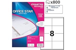 OFFICE STAR - Boite de 800 étiquettes autocollantes blanches multi-usages, format 105 x 70 mm, personnalisables et imprimables tous types d'imprimantes laser, jet d'encre, copieur