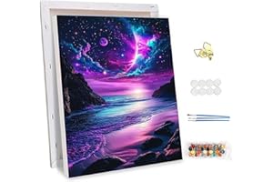 NEWENMO Beautiful Beach Paint by Numbers for Adults with Frame,Purple and Blue Sky Paint by Numbers Kits,Oil Painting Kit,Arts and Crafts Kit Acrylic Pigment Drawing Paintwork for Home Decor 30x40cm