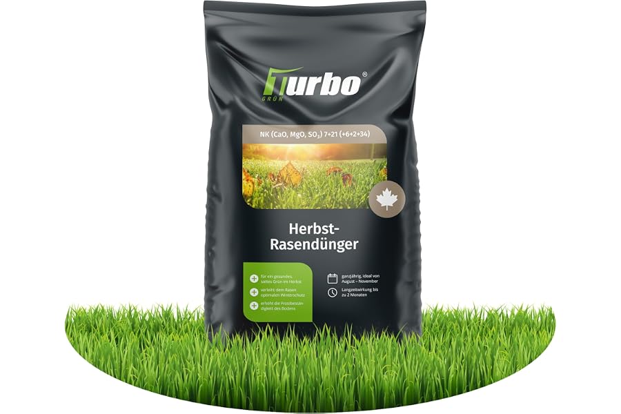 Produktabbildung zu turbogrün® Herbstrasendünger 20 kg mit Kalium für winterfesten Rasen | Staubarmes Granulat für den Herbst - stärkt den Rasen vor dem Winter, verdrängt Moos und ist für Streuwagen geeignet