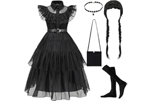YIMOJOY Wednesday Kostüm Kinder Mädchen 6 Stück Deluxe Schwarzer Kleid Set mit Perücke Karneval Kostüm Cosplay Halloween Party Outfit