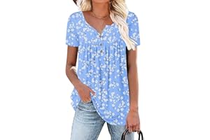 Aodemo Women's Summer Casual Henley V Neck Tunic Ladies Button Up Tops Flowy Short Sleeve Shirts Loose Blouse