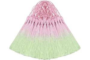 AOKBEAN 50PCS Mini Silk Tassel for Craft DIY Bookmark Cute Jewellery Making Beaded, Girl Earring, Keyring, Graduation, Small Key, Long Ribbon Fabric Sewing, Curtain Trim Door Home Decor (Pink Green)