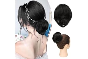 RUWISS Fino Moños Postizos, Largo Adelgazamiento Recto Tousled Updo Bun Real Pelo Humano, Elegante Piezas de Pelo, Scrunchie Extensión para Mujeres Niñas 25g Negro