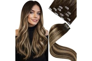 LaaVoo Clip in Hair Extensions Real Human Hair Dark Barown Hair Extensions Clip in Straight Balayage Mix Blonde Remy Hair Full Head Double Weft 80g 5pcs 18 Inch #4/27/4