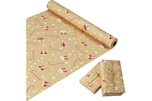 Pecehom Christmas Wrapping Paper Roll,44cm x 15M Kraft Recyclable Package Paper Printed with White Elk Christmas Tree Snowflakes For Birthday Xmas Party Present Decorations