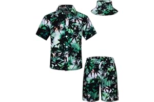 TUNEVUSE Little and Big Boys Hawaiian Shirt and Short Set, Summer Printed Kids Cabina Set with Hats