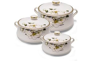 AKH HOUSEWARE Insulated Casserole Dishes | Serving Dishes with Lid | Stainless Steel Inner | Keep Food Warm | Thermal Food Container | Hot Pot | (White, Set of 3)