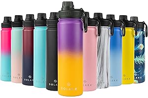 SOLARA Edelstahl Trinkflasche 650ml, Wasserflasche mit Strohhalm, Thermoskanne, BPA frei, auslaufsicher Trinkflasche mit Strohhalm für Büro, Schule, Fitness, Outdoor, Camping - Lila Sonnenuntergang