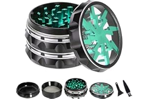 TIRIRS 6,3 cm 4-teilige Kräutermühle mit transparenter Oberseite – Aluminium-Gewürzmühle mit Pollenschaber und Reinigungsbürste – Schwarzer Körper mit grünem Blitz oben