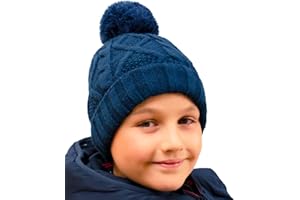 Entire Empire Fleece Lined Hat Boys Navy - Boy's Bobble Beanie Warm Winter Woolly Hats with Pom pom Lining - for Kids Kid's Children Children's Age 5 6 7 8 9 10 11 Years Old Woollen Woolen Wooly