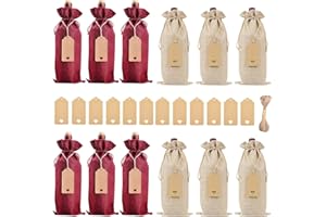 Bolsas de Vino de Yute, BESTZY 12 PCS Bolsa de Regalo Para Botella de Vino de Lino Bolsas de Vino Reutilizables con Cuerdas de Cordón y Etiquetas(Rojo y Marron)