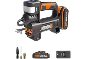 WORX Compresseur à Air multifonction sans Fil 20V WX092, 150 PSI, pompe à vélo, mini-compresseur électrique, Outil 4 en 1, Projecteur LED, Facile à Transporter, Livré avec Batterie 2Ah et Chargeur