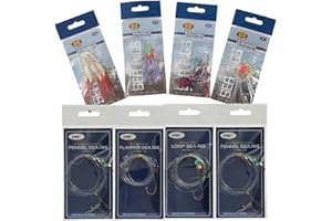 DNA 4x Catchy Sea Mackerel Tinsel Fishing Feathers + 4x Sea Rigs Traces Flapper Mixed size Hooks Cod