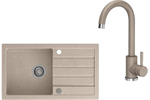 VBChome Lavello da incasso con rubinetto, 77 x 44 cm, beige