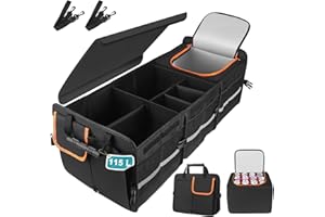 Strixorn XXXL Auto Kofferraum Organizer mit Deckel, 115L Faltbare Auto Aufbewahrungsbox und 24L Kühltasche mit 6 Fächern, Wasserdicht Rutschfest mit Griffe für Camping und Alltag, 89 x 36 x 31 cm