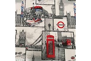 Kt KILOtela - Tela Loneta Estampada, Decoración, Tapizar, Cojines, Cortinas, Colchas, Bolsos, Manteles, 100 cm Largo x 280 cm Ancho, Londres Monumentos, Rojo, Negro, Azul, Blanco ─ 1 Metro