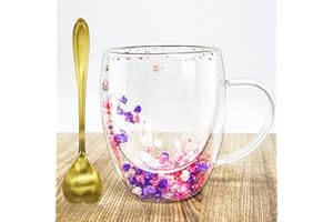 Afitdon Tasses à double paroi, fleur éternelle, tasse en verre à double paroi avec cuillère 350 ml, tasse à café à double paroi pour cappuccino, latte macchiato, thé, glace et lait, cadeau pour les