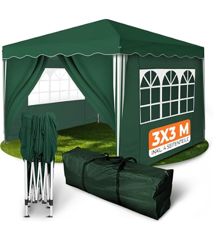 WOLTU Pop up Pavillon mit Seitenwänden 3x3m Faltpavillon Festival Grün