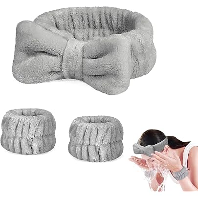 Set 3 Pezzi Fascia Capelli In Spugna Con Bracciale – Cerchietto Orecchie Di Gatto E Fiocco – Per Trucco E Doccia - 4