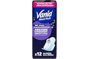 Vania | Serviettes Hygiéniques Nuit (12 pièces avec ailettes) – Serviettes plus fines à absorption rapide haute tolérance – Protection périodique avec forme anatomique extra longue