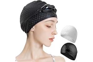 DREAKU Swimming Cap, 2 Pcs Silicone Swim Cap, Waterproof Swimming Hat for Women Men Adult Long Hair to Keep Hair Dry, Black + White
