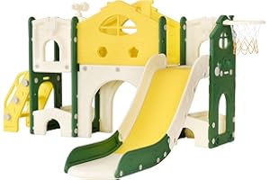 TIMORWTF Tobogán infantil 7 en 1 Tobogán interior y exterior infantil con zona de juegos, cesta de baloncesto y túnel, escaleras y marco de escalada independiente para bebé (7 en 1 amarillo)