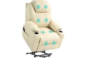 HOMCOM Poltrona Elettrica Alzapersona Reclinabile 135°, Poltrona Relax Elettrica in PU con 8 Punti Massaggianti, 2 Portabicchieri, Tasche Laterali, Telecomando e Poggiapiedi, Crema