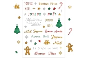 LEIKEDUN 215Pcs (5 Feuilles) Autocollants Paillettes Noël, Francais Joyeux Noël Motif Flocon de Neige Sapin Etoile Gommettes Noel Sticker pour Décoration Cartes Cadeau Enveloppe Scrapbooking