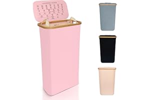 Nest Zest Slim Laundry Basket with Lid and removable inner washing bag. Hamper style Laundry bin with handy clothes label care guide inside the lid. Foldable washing basket, 60L capacity. (Pink)