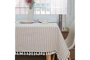 Meioro Manteles Rectangular Mantel Antimanchas Mantel para Mesa de Lino Striped Tassel tablecloth La decoración del hogar es Adecuada (Albaricoque/Rayas Blancas, 130×180cm)
