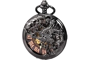 TREEWETO Herren Antik Drache Mechanische Skelett Taschenuhr Schwarz Bronze Doppelgehäuse mit Kette