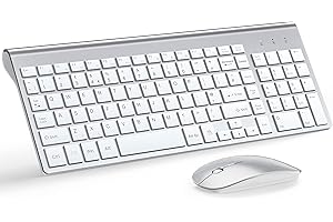 Wireless Keyboard and Mouse Ultra Slim Combo, TopMate 2.4G Silent Compact USB 2400DPI Mouse and Scissor Switch Keyboard Set with Cover, 2 AA and 2 AAA Batteries, for PC/Laptop/Windows/Mac-Silver White