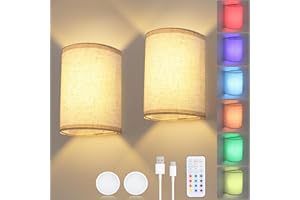 Glowlit Battery Operated Wall Lights Indoor Rechargeable Wall Lights with Remote, 13 Colors Detachable Dimmable Bulbs, 2 Pack Wireless Wall Sconce with Fabric Shade for Bedroom Living Room