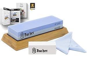 ‎BACHER BACHER kamień wodny premium, podwójna gradacja 1000/4000, ostrzałka kamienna do noży z antypoślizgową podstawą bambusową, kamieniem do wyrównywania powierzchni i szczegółowym przewodnikiem e-book