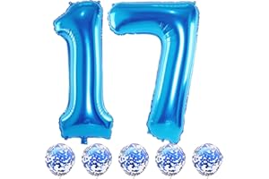 LINGQIANG 17th Birthday Balloons Blue for Boys, 40 Inch Giant Blue Foil Number 17 Balloons with Confetti Balloons Kit, Digit 1 & 7 Helium Balloons for Boys Girls Men 17th 71st Anniversary Party Decorations