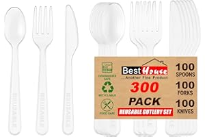 BEST HOUSE ANOTHER FINE PRODUCT Best House | Reusable Plastic Cutlery Set | 300 Pcs (100 Spoons, 100 Forks, 100 Knives) | Heavy Duty | Clear Mix Cutlery Set for Birthday, Parties, Picnics, BBQ's, Camping, and Everyday Use