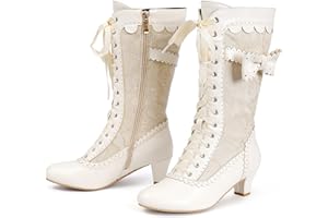 Voviggiw Stivali vittoriani vintage da donna Stivali da nonna a metà polpaccio Costume con cerniera Scarpe rinascimentali Stivali da sposa con tacco medio