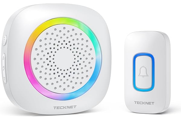 TECKNET Sonnette sans Fil à Piles, Étanche IP66 Portée 400M RVB Batterie Amovible Sonnette sans Fil Exterieur, 60 Mélodies et 5 Niveaux, pour Maison, Hôtel, Bureaux, Urgence etc