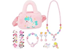 VGMANNTA Unicorno Bambina Regalo Borsetta Bambina Gioielli Bambina Unicorn Bracciale Orecchini Anelli Collana Set Accessori per Capelli Mollette per Capelli Regalo Bambina 4-8 anni Giochi Bambina-R