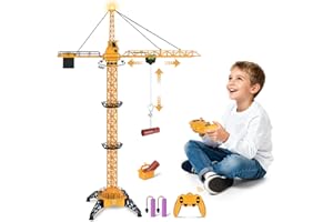 Charmofun GRU a Torre Telecomandata, 128 cm 2,4 Hz GRU Radiocomandata, GRU Filoguidata 6 Canali, Cantiere Telecomandato con Luci e Suoni, RC Ingegnere del Veicolo Ascensore Compleanno per Bambini