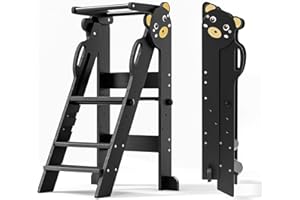 Aoykkii Torre de Aprendizaje Plegable Montessori,Torre Aprendizaje Ajustable en Altura de 3 Niveles,Torre con Rieles de Seguridad para Niños de 1 a 6 Años(Negro Oso)