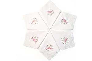 LULUSILK 6 Damen Stoff Taschentücher 100% Baumwolle mit Rosa Blumen Stickereien und Spitze Schmetterling Kante