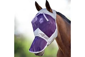 Harrison Howard CareMaster Pferde Fliegenmaske UV-Schutz ohne Ohren mit Nasenschutz Silber/Lila Warmblut (L)